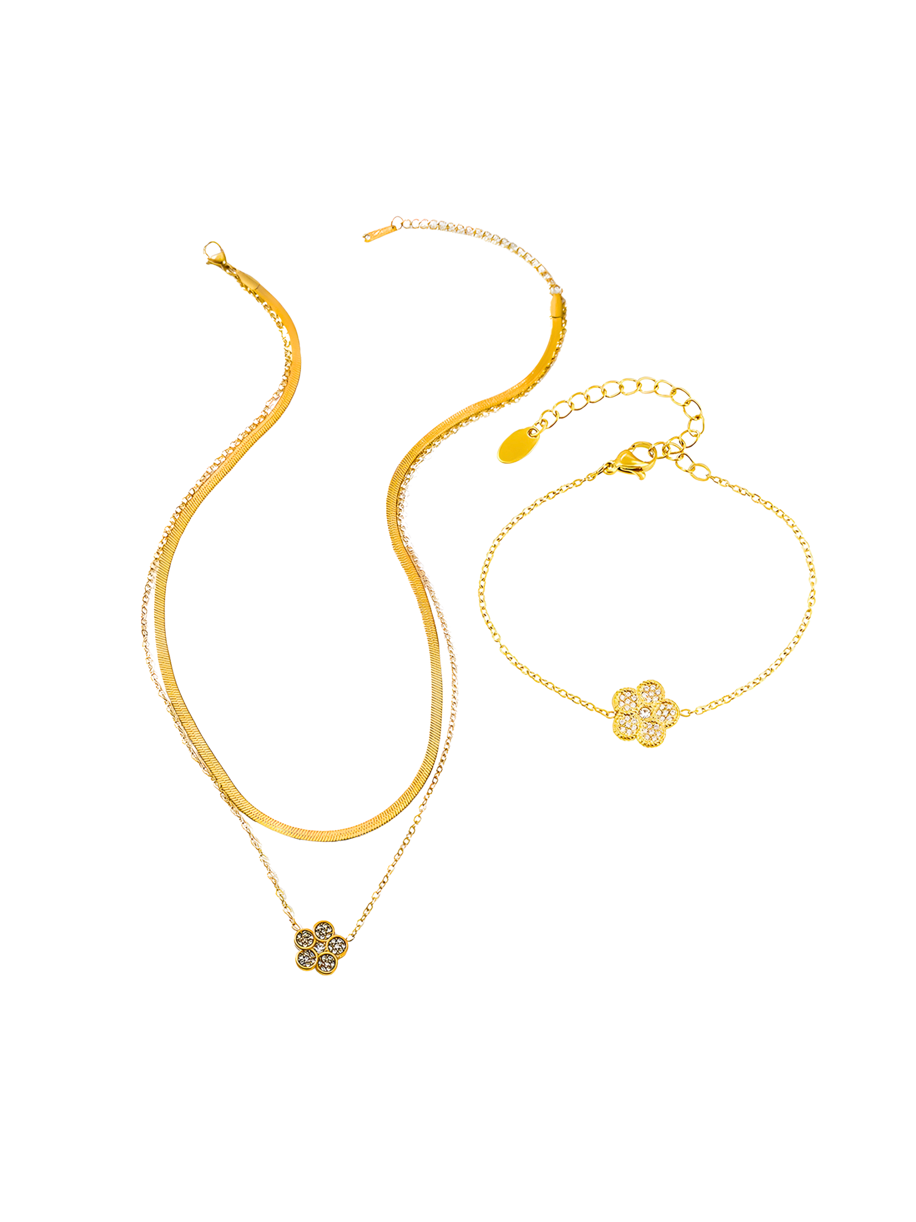 The Gloria Set - Snake Chain, Flower Pendant Chain Necklace & Bracelet